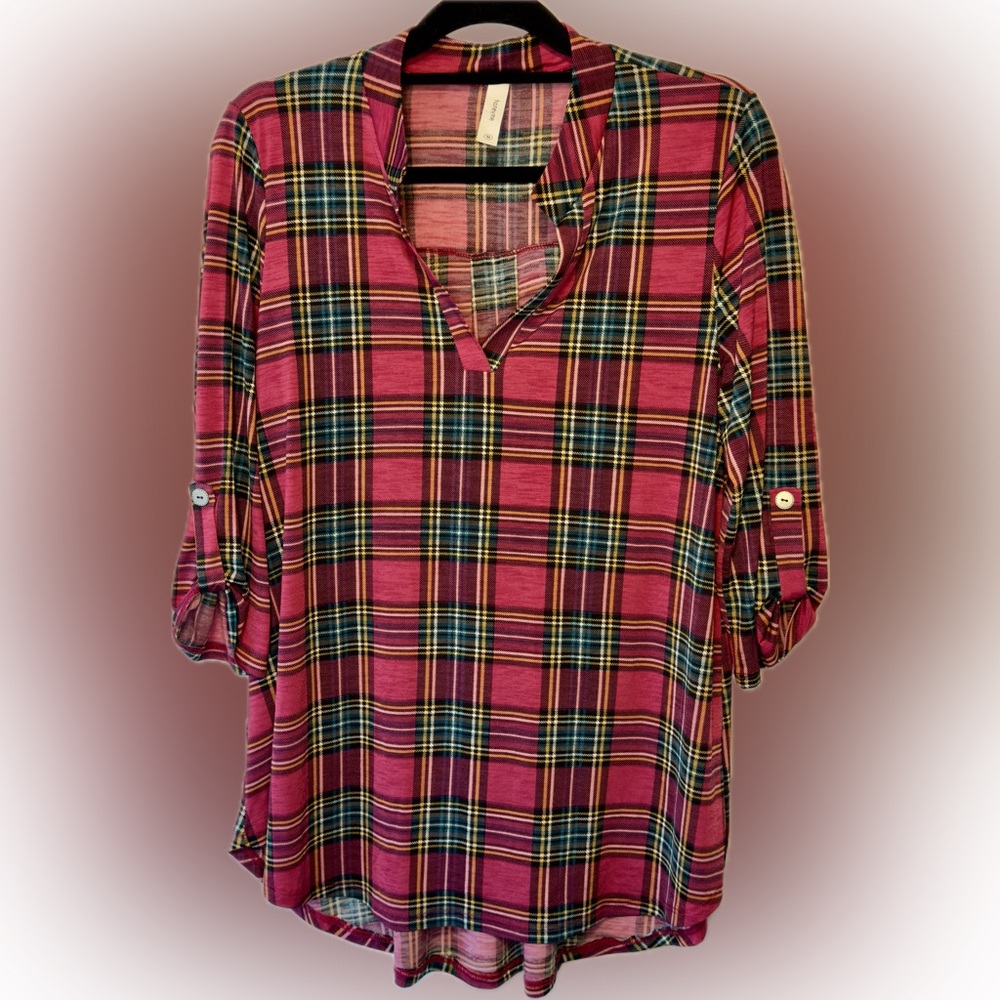Honeyme Gabby Style, Dark Pink Plaid, Relaxed Fit Womens Medium